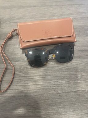 Celine Tan Leather Wristlet Sunglasses Case with Dark Tortoiseshell Sunglasses